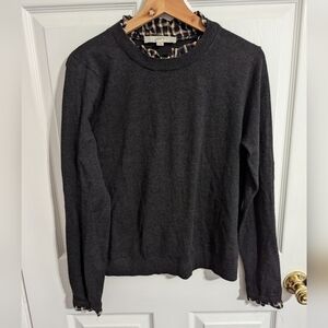 Ann Taylor LOFT Womens Medium Sweater Gray Wool Blend Plaid Collar Top